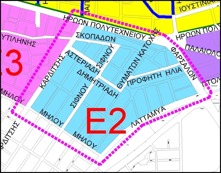 Η περιοχή στάθμευσης κατοίκων για την ζώνη Ε2 στον χάρτη.