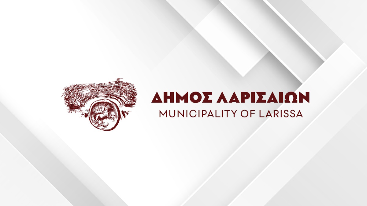 Το λογότυπο του Δήμου Λαρισαίων σε γκρι διαβαθμισμένο φόντο.